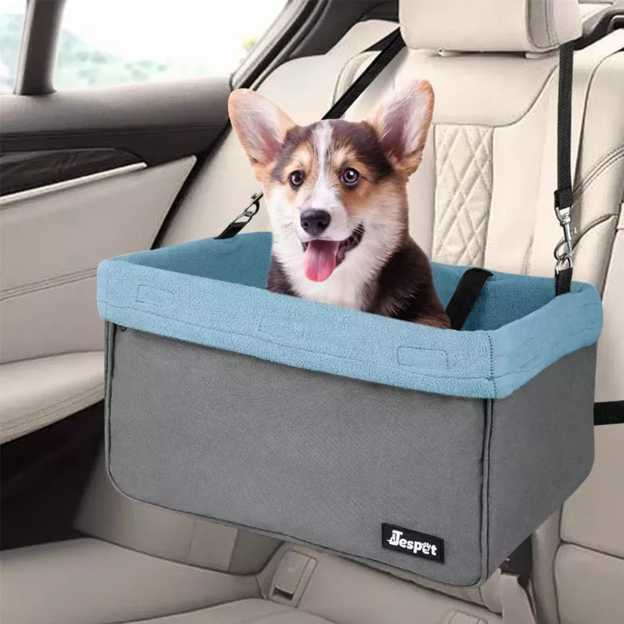 JESPET & GOOPAWS Dog Booster Seat for Cars – Portable Dog Car Seat Carrier with Safety Belt, Zipper Pocket & Adjustable Straps