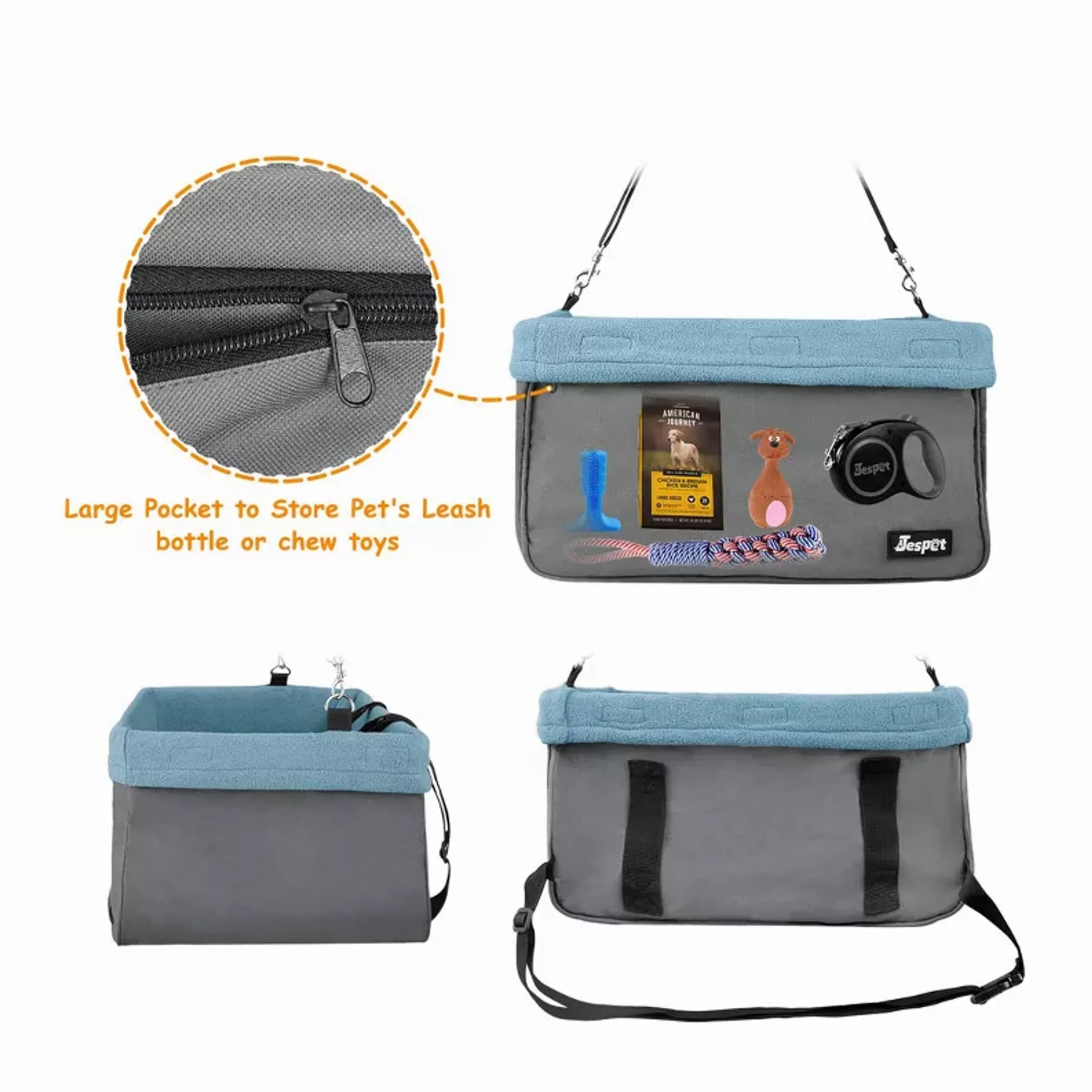 JESPET & GOOPAWS Dog Booster Seat for Cars – Portable Dog Car Seat Carrier with Safety Belt, Zipper Pocket & Adjustable Straps