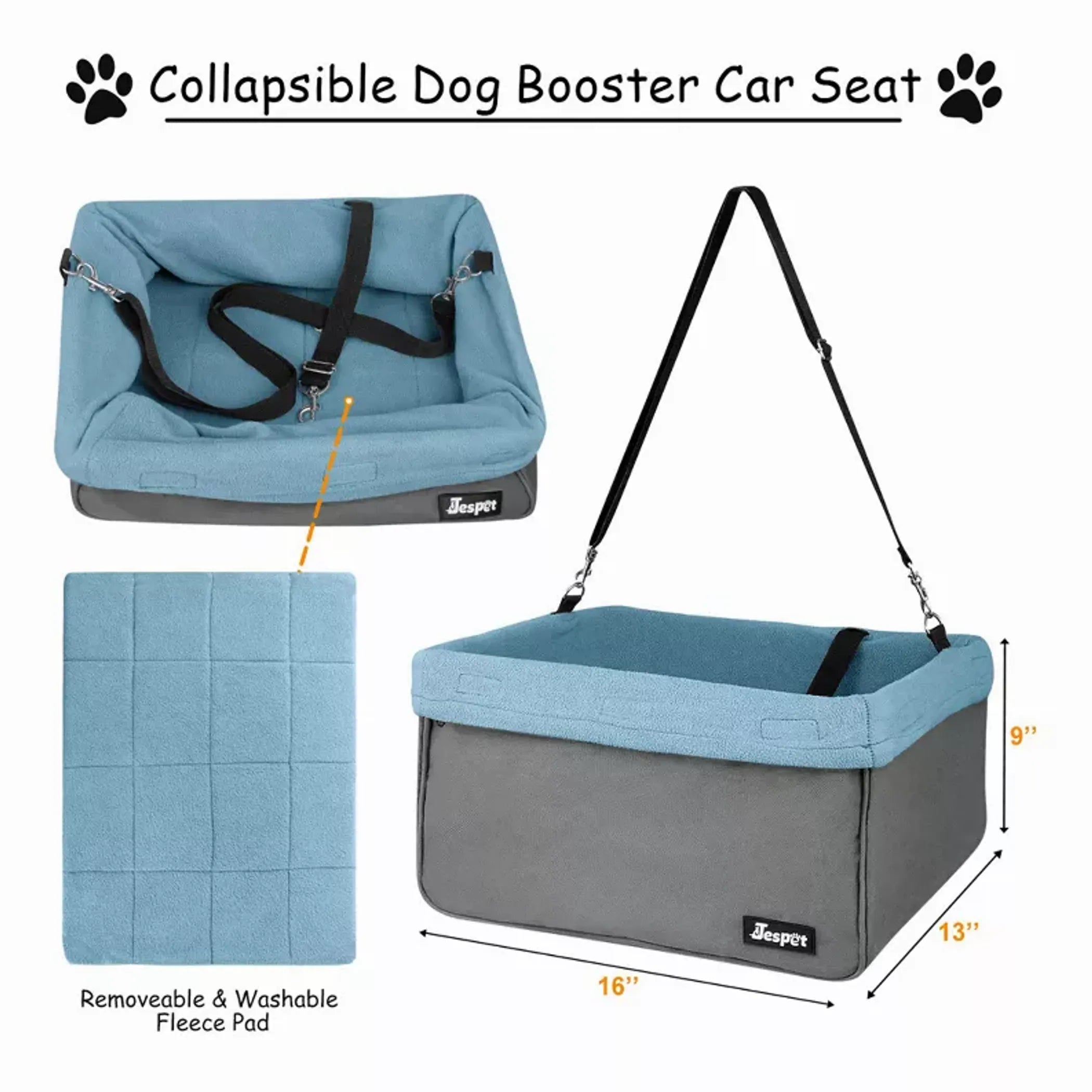 JESPET & GOOPAWS Dog Booster Seat for Cars – Portable Dog Car Seat Carrier with Safety Belt, Zipper Pocket & Adjustable Straps