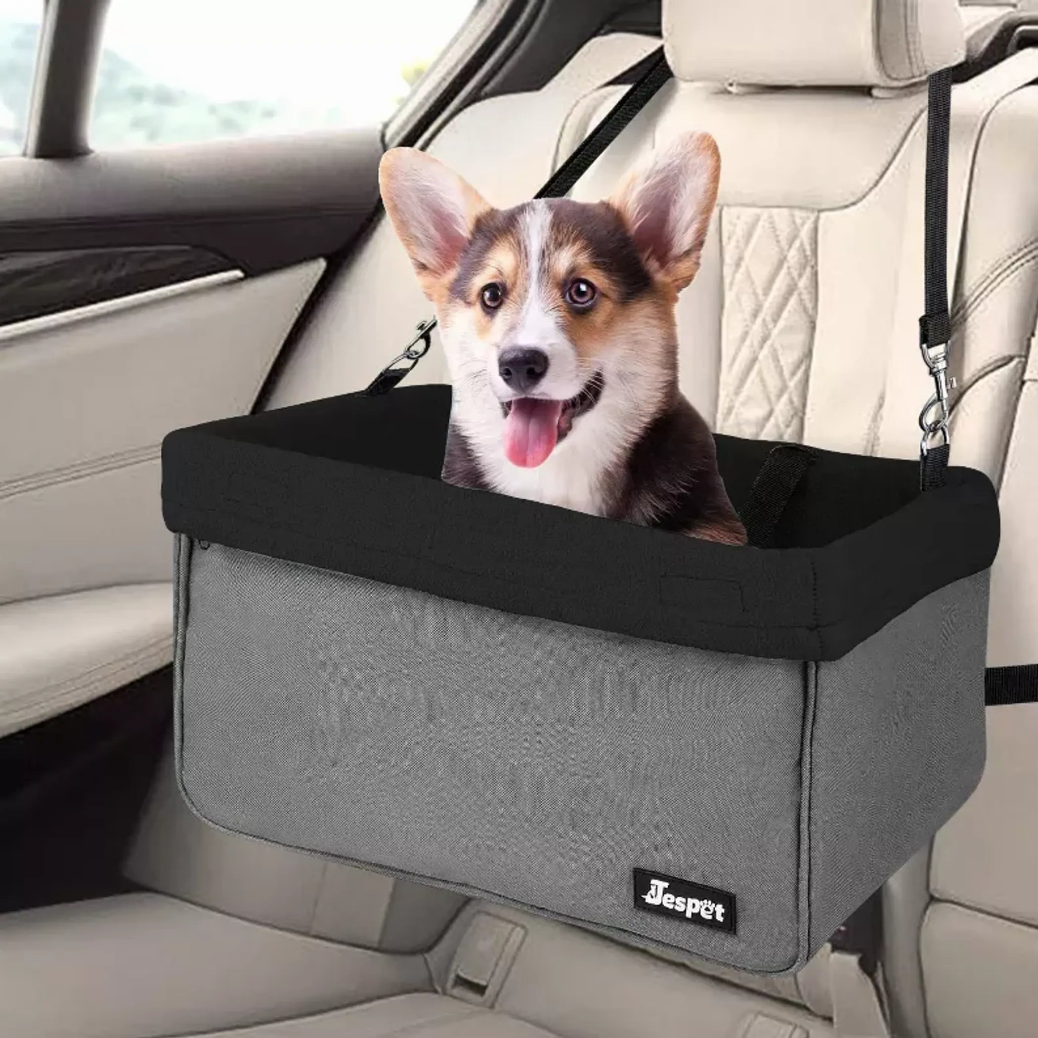 JESPET & GOOPAWS Dog Booster Seat for Cars – Portable Dog Car Seat Carrier with Safety Belt, Zipper Pocket & Adjustable Straps