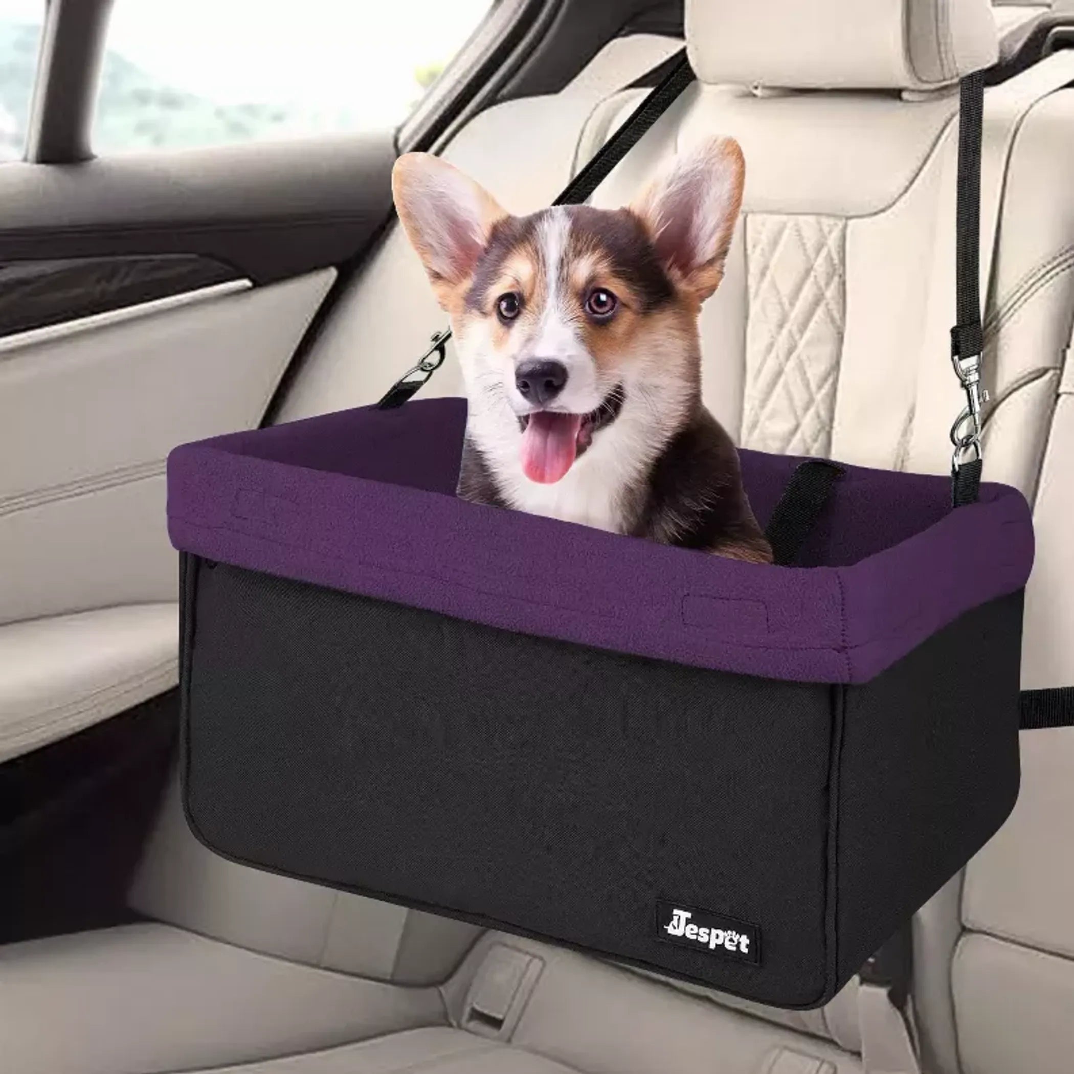 JESPET & GOOPAWS Dog Booster Seat for Cars – Portable Dog Car Seat Carrier with Safety Belt, Zipper Pocket & Adjustable Straps