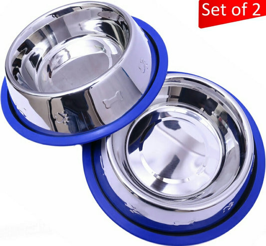 Non-Slip Etched Stainless Steel Dog Bowls with Blue Silicone Base – Durable, Stylish & Easy to Clean