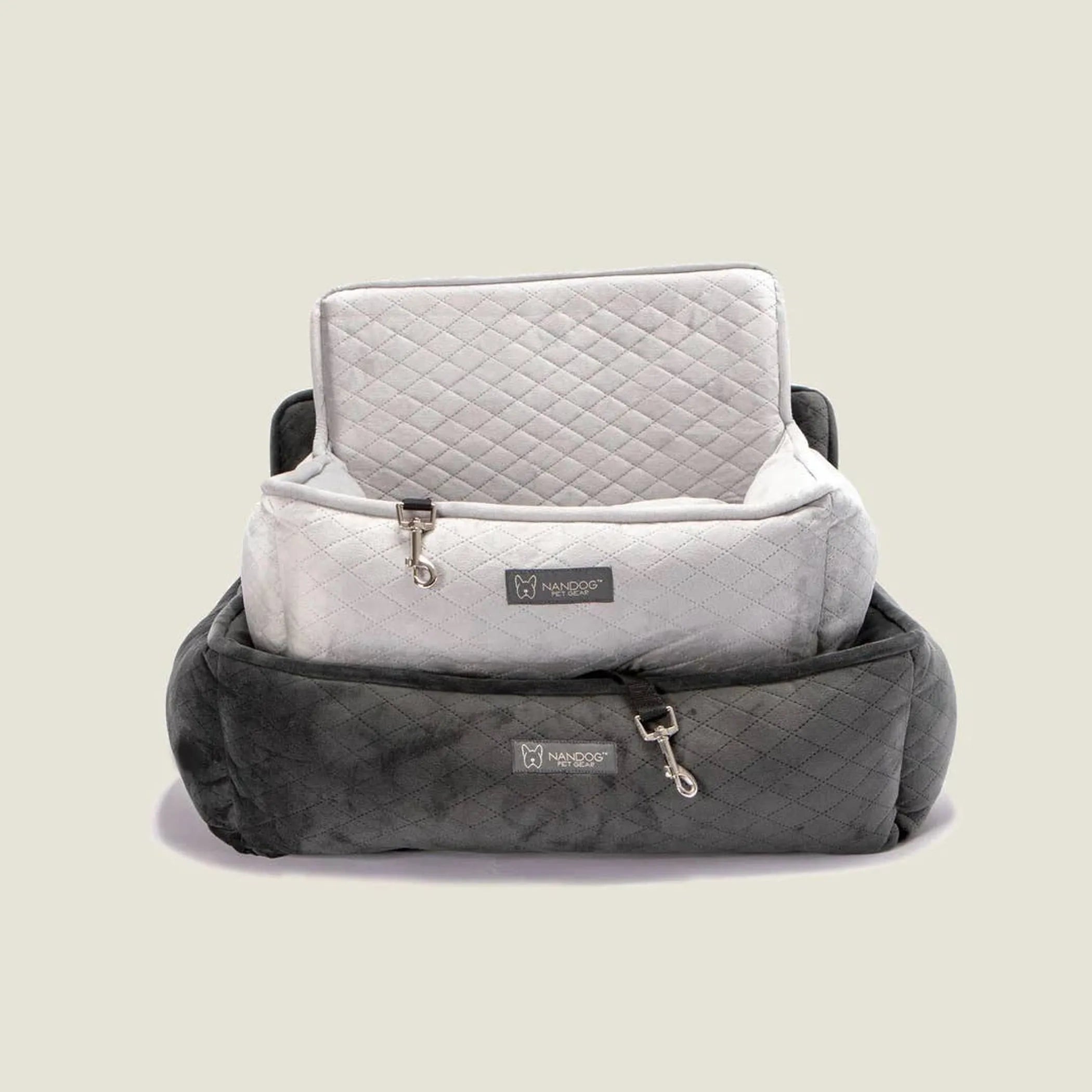NANDOG Light Grey Dog Car Seat Bed – Large Size, Plush Travel Carrier with Safety Harness Hook & Seatbelt Straps