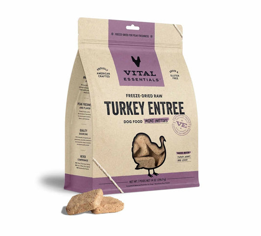Vital Essentials Freeze-Dried Raw Turkey Mini Patties for Dogs – Grain-Free, Single-Protein Dog Food (14 oz Bag)