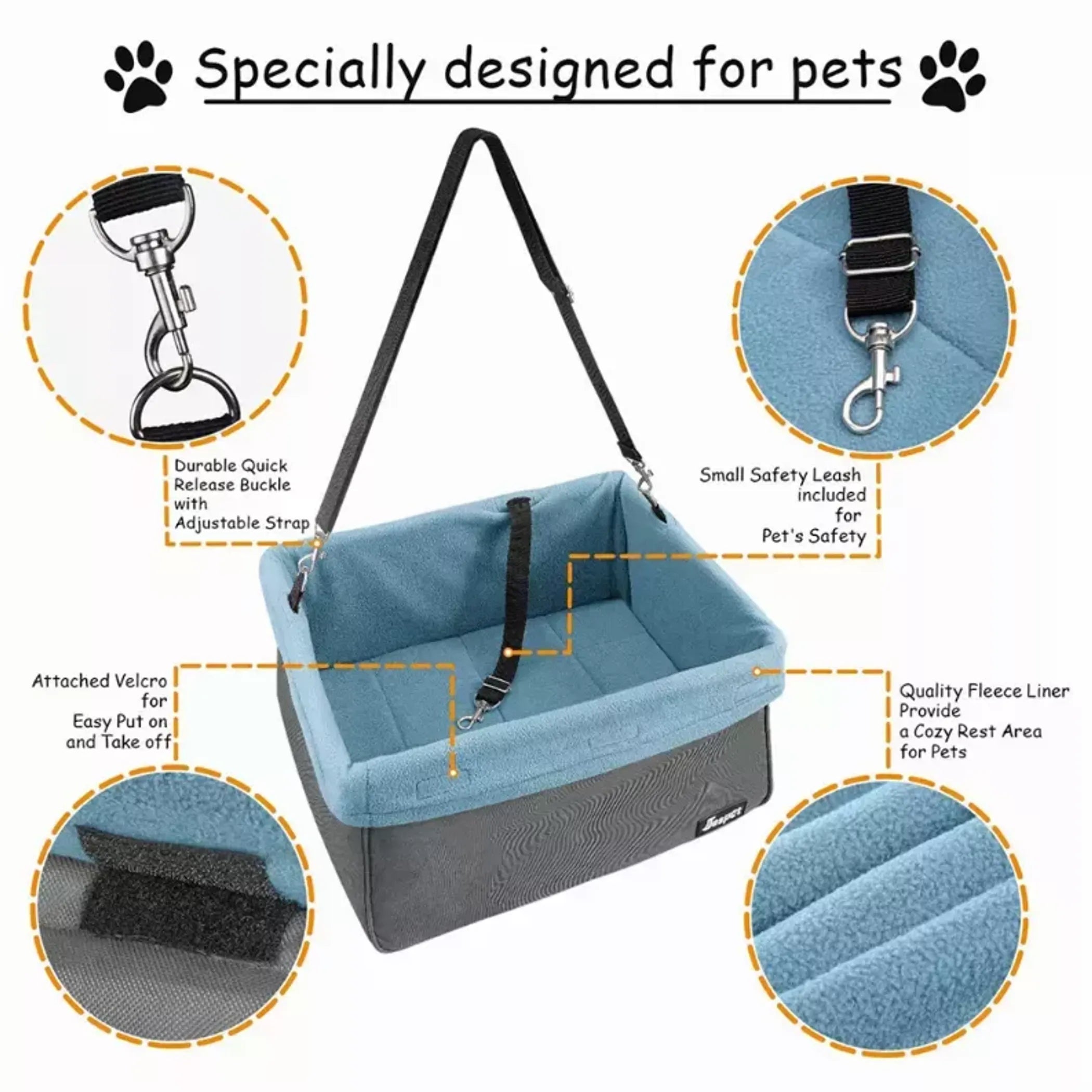 JESPET & GOOPAWS Dog Booster Seat for Cars – Portable Dog Car Seat Carrier with Safety Belt, Zipper Pocket & Adjustable Straps
