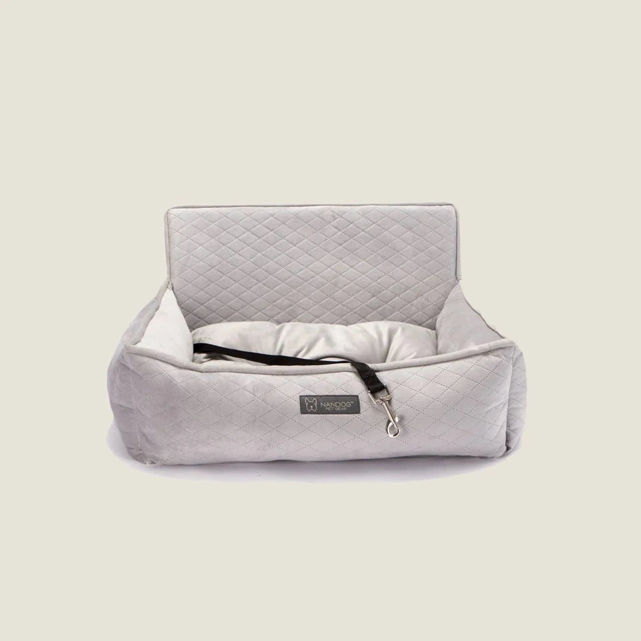 NANDOG Light Grey Dog Car Seat Bed – Large Size, Plush Travel Carrier with Safety Harness Hook & Seatbelt Straps