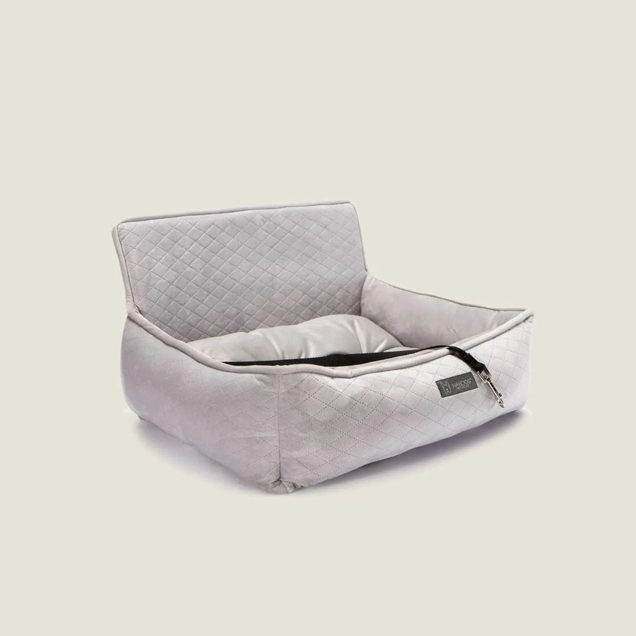 NANDOG Light Grey Dog Car Seat Bed – Large Size, Plush Travel Carrier with Safety Harness Hook & Seatbelt Straps