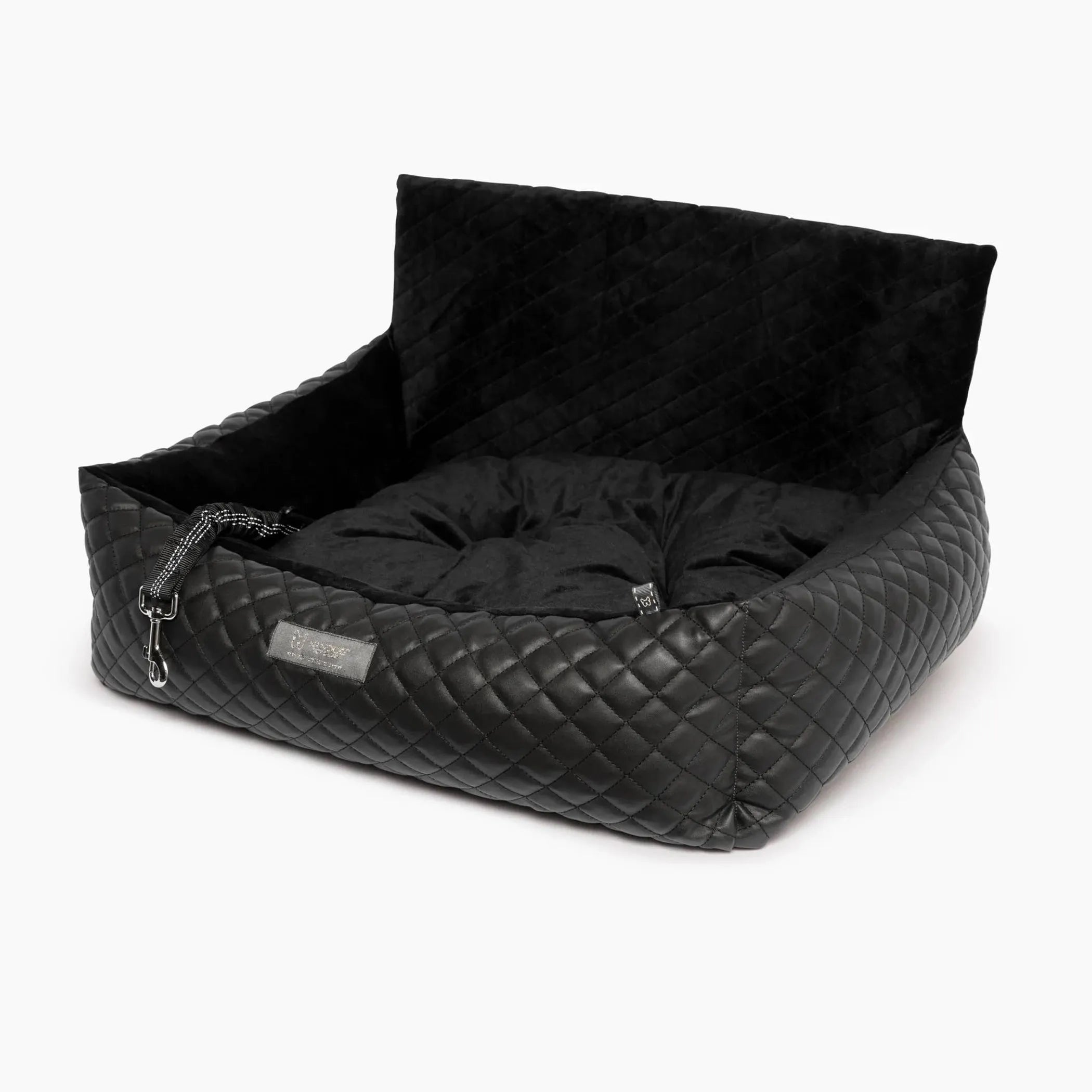 NANDOG Large Black Vegan Leather Dog Car Seat – Luxury Travel Bed with Safety Hook & Plush Comfort